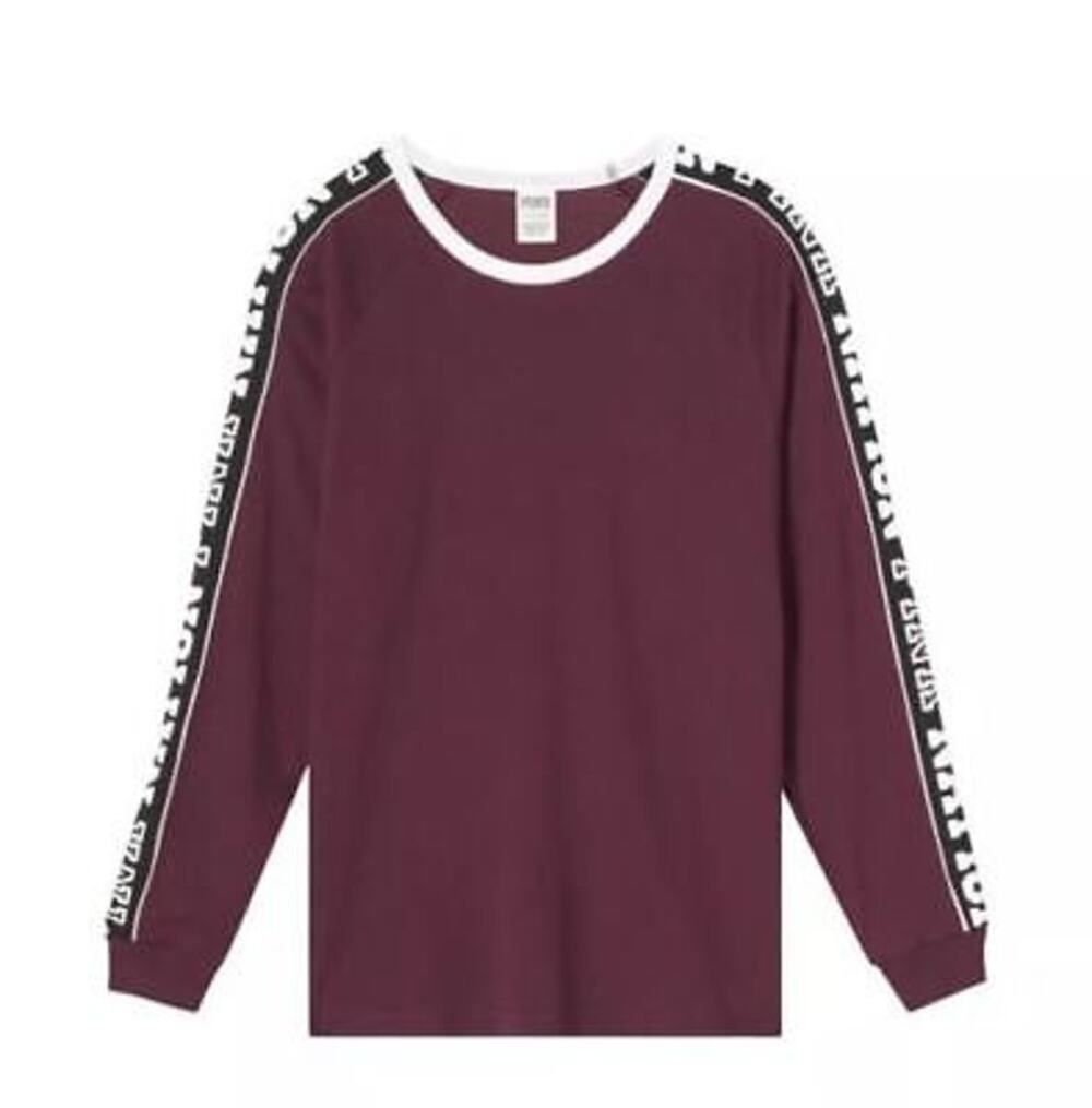 NEW Victoria's Secret PINK Campus Long Sleeve Tee Graphic Logo Purple White Sz S